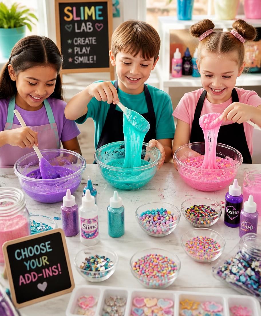 Kids stirring bowls of colorful slime at a make-it-yourself workshop table